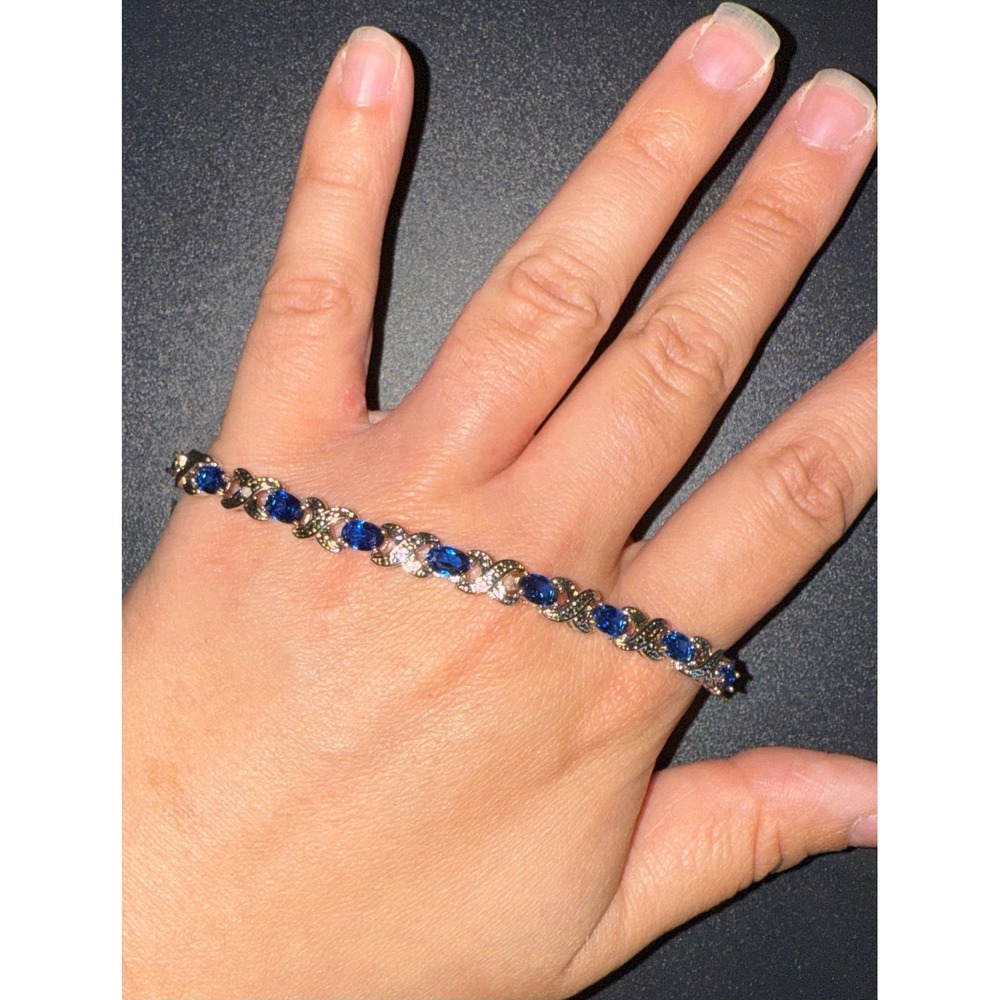 Silver Tone Blue Sapphire Color Oval Stone X Link Tennis Bracelet 7.5 Inch